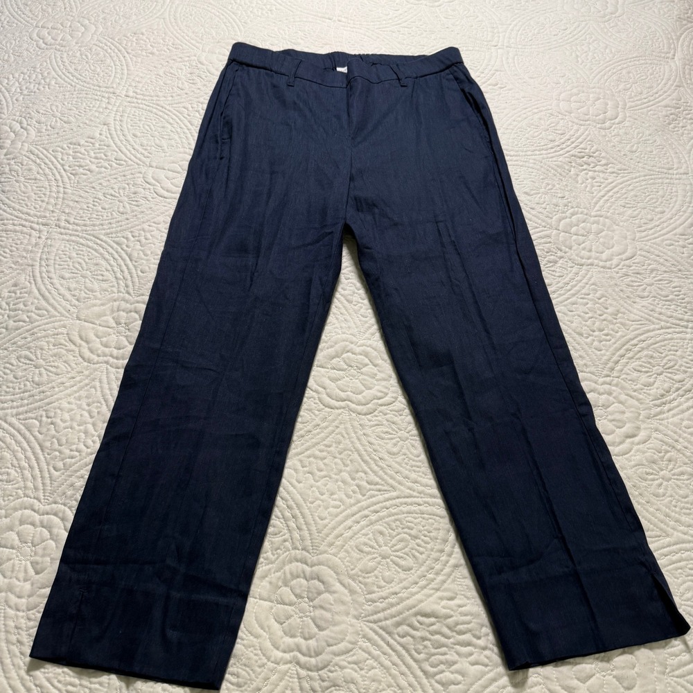 J.Jill Linen Stretch Pants Womens M Navy Blue‎ Straight Leg Side Slit Trousers